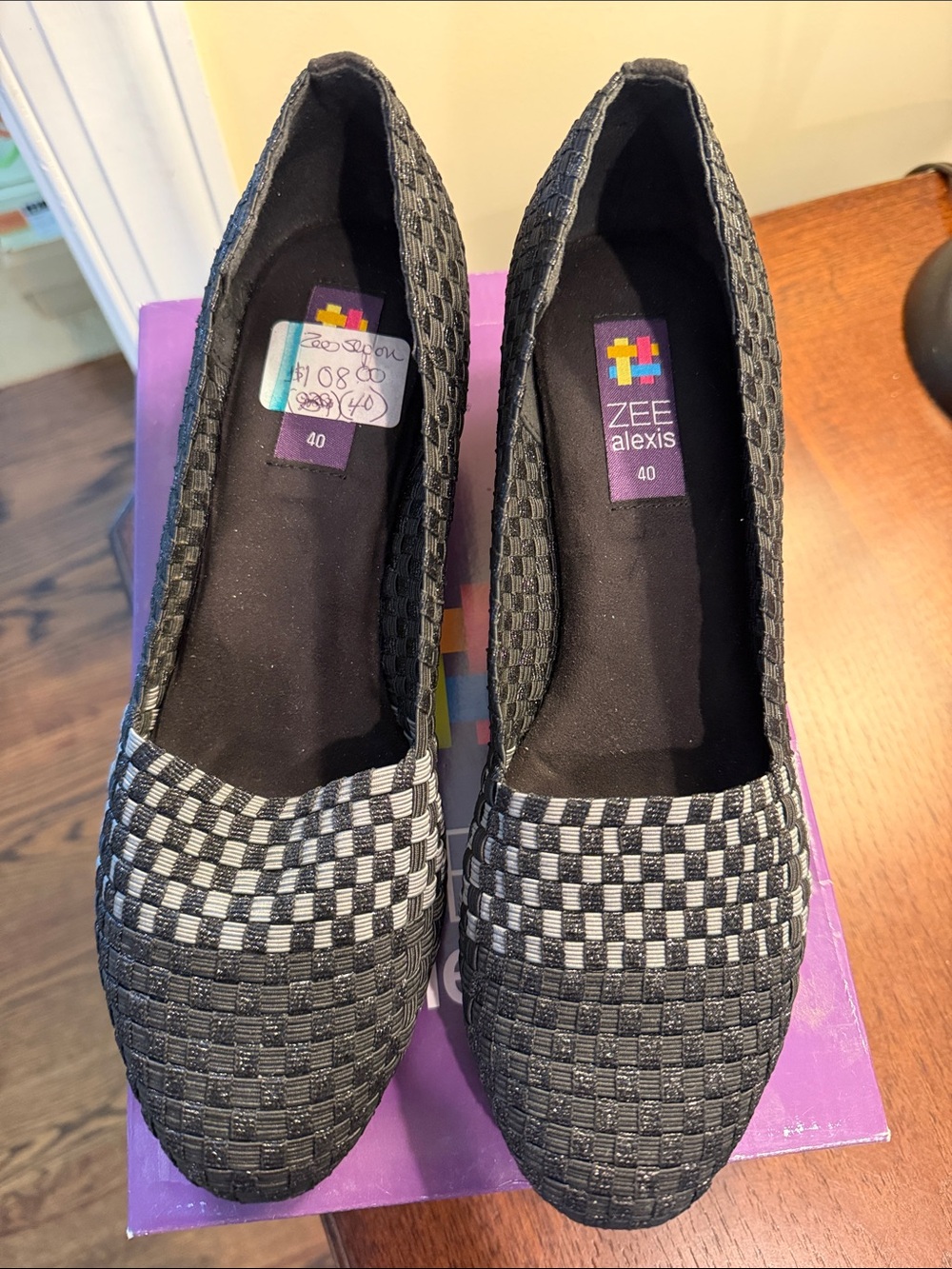 Alexis Black & White Woven Slip-On Wedges